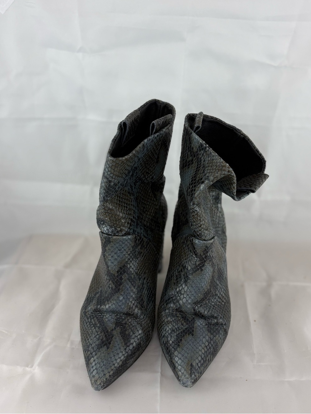 Anthropologie Snakeskin-Print Pointed Toe Booties — Grey/Black, Size 37 (US 7)